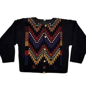 Vintage Woven Aztec Jacket M Black Multicolor Wood Buttons Pockets Boho Tribal